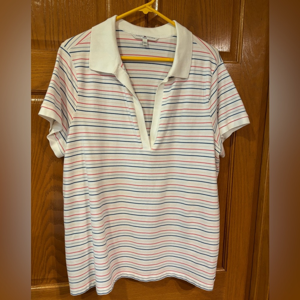 Tommy Hilfiger White Multicolor Striped Polo Top